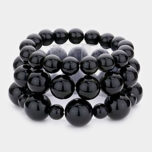 Jet Black Pearl Strand 3 pcs Stacked Stretch Bracelets Statement Accessory